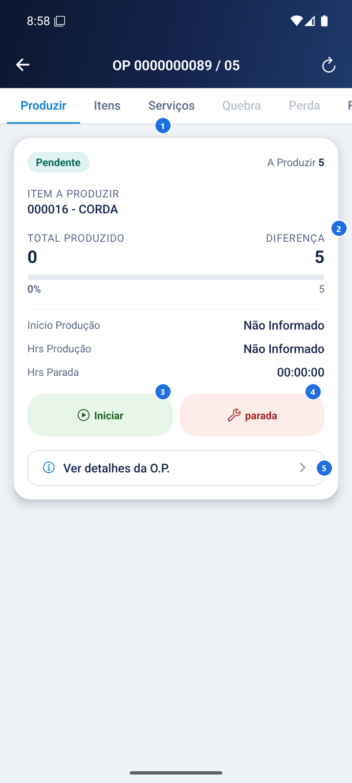 Tela de detalhes da OP com abas Produzir, Itens, Serviços, Quebra, Perda e Fases