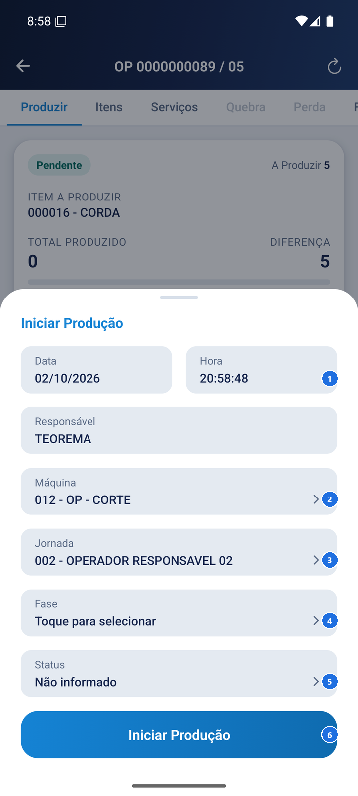 Formulário para iniciar produção com campos Máquina, Jornada, Fase e Status