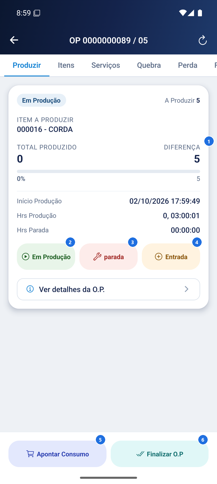 Tela mostrando OP em Produção com botões Parada, Entrada e Apontar Consumo