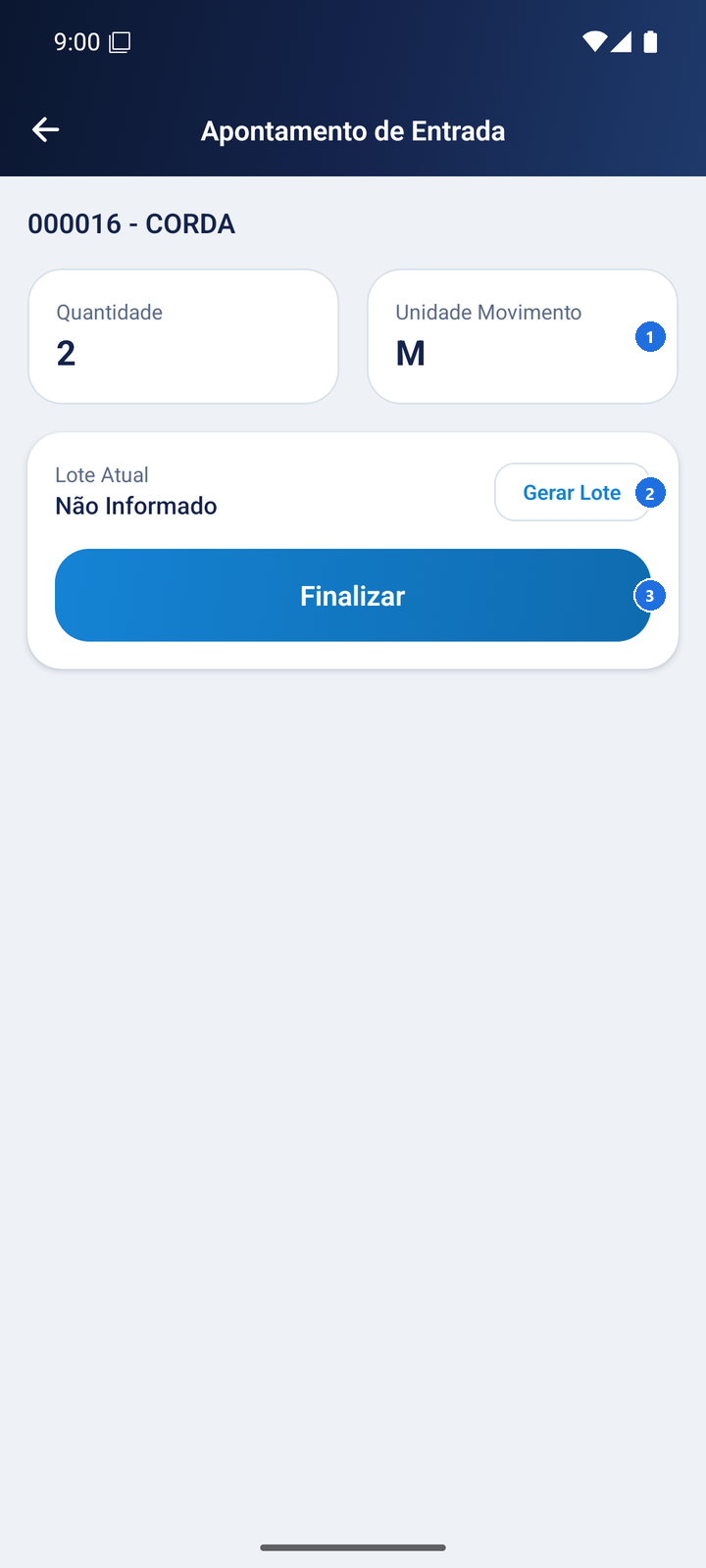 Tela de apontamento de entrada com campo de quantidade e opção Gerar Lote