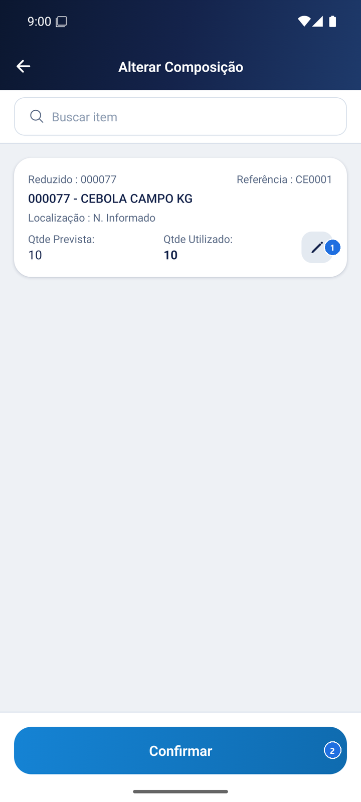 Tela de composição com itens da OP e ícones de edição