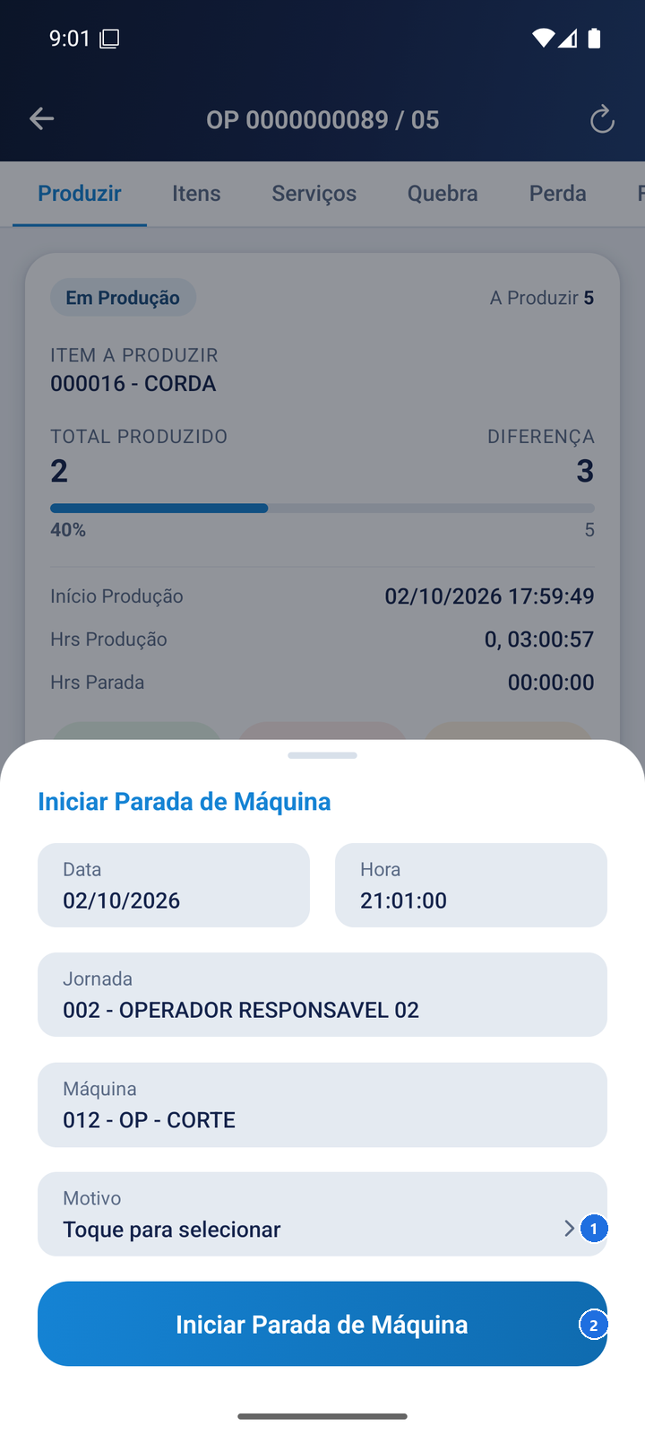 Formulário de parada com campo de seleção de motivo