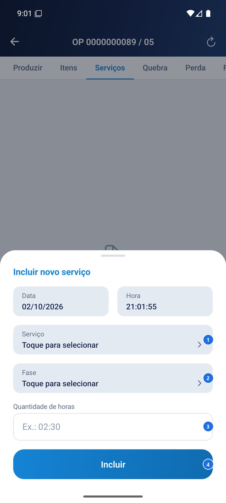 Formulário para incluir serviço com campos Serviço, Fase e quantidade de horas