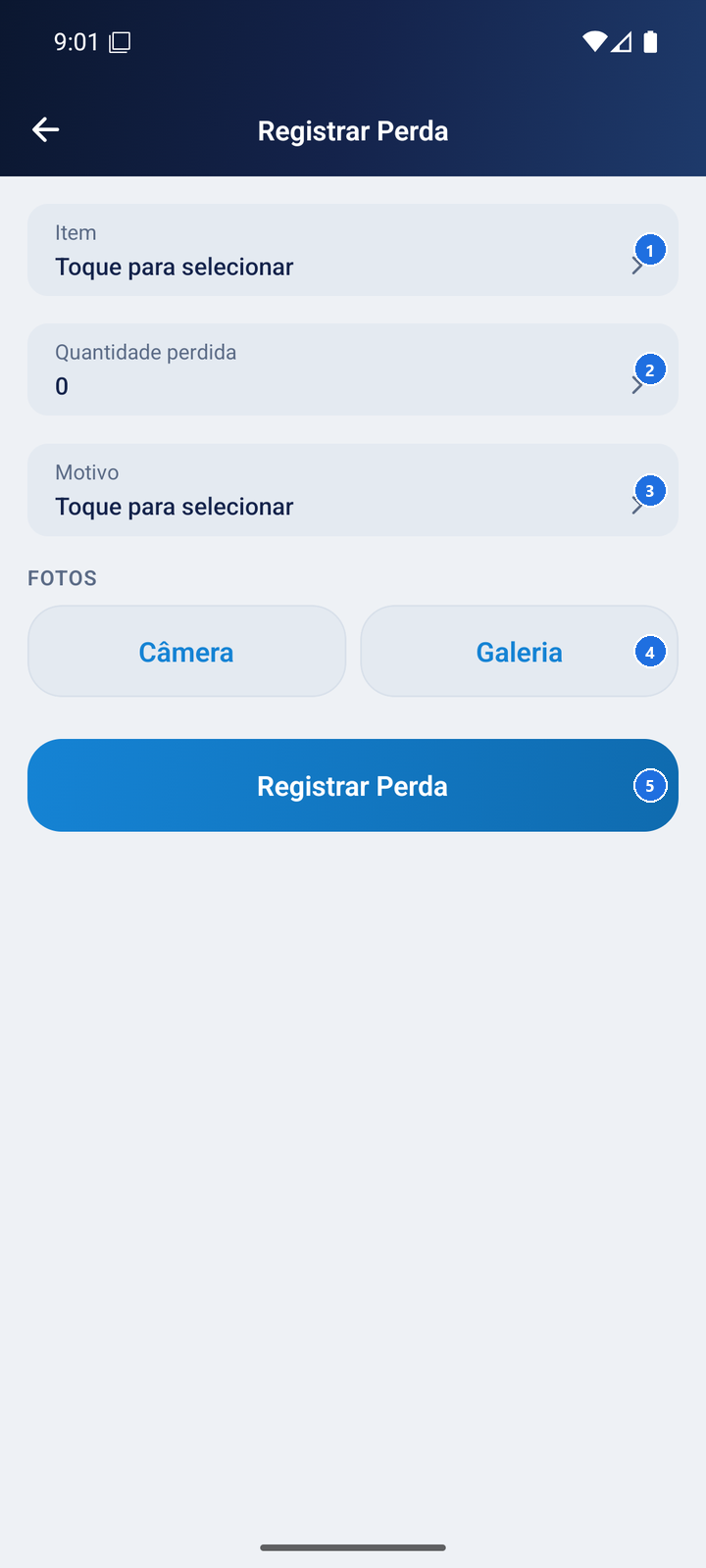Formulário de perda com campos Item, Quantidade, Motivo e foto