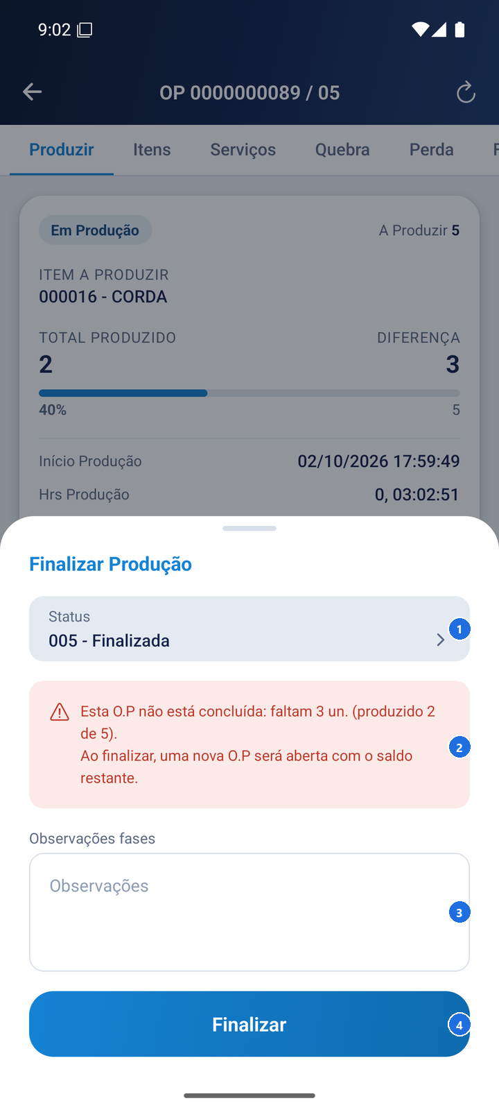 Tela de finalização com aviso de quantidade restante, Status final e Observações
