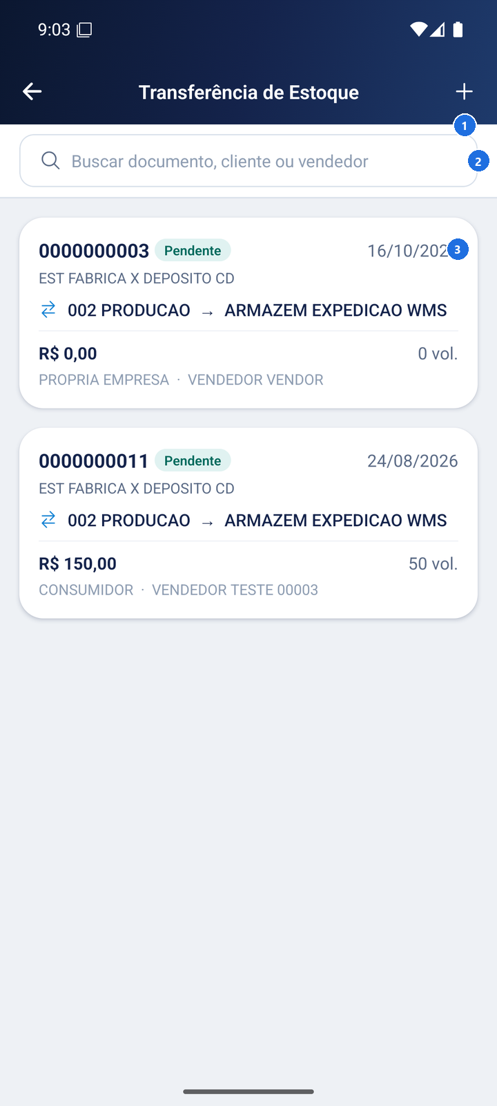 Tela de lista de transferências com opção Nova transferência