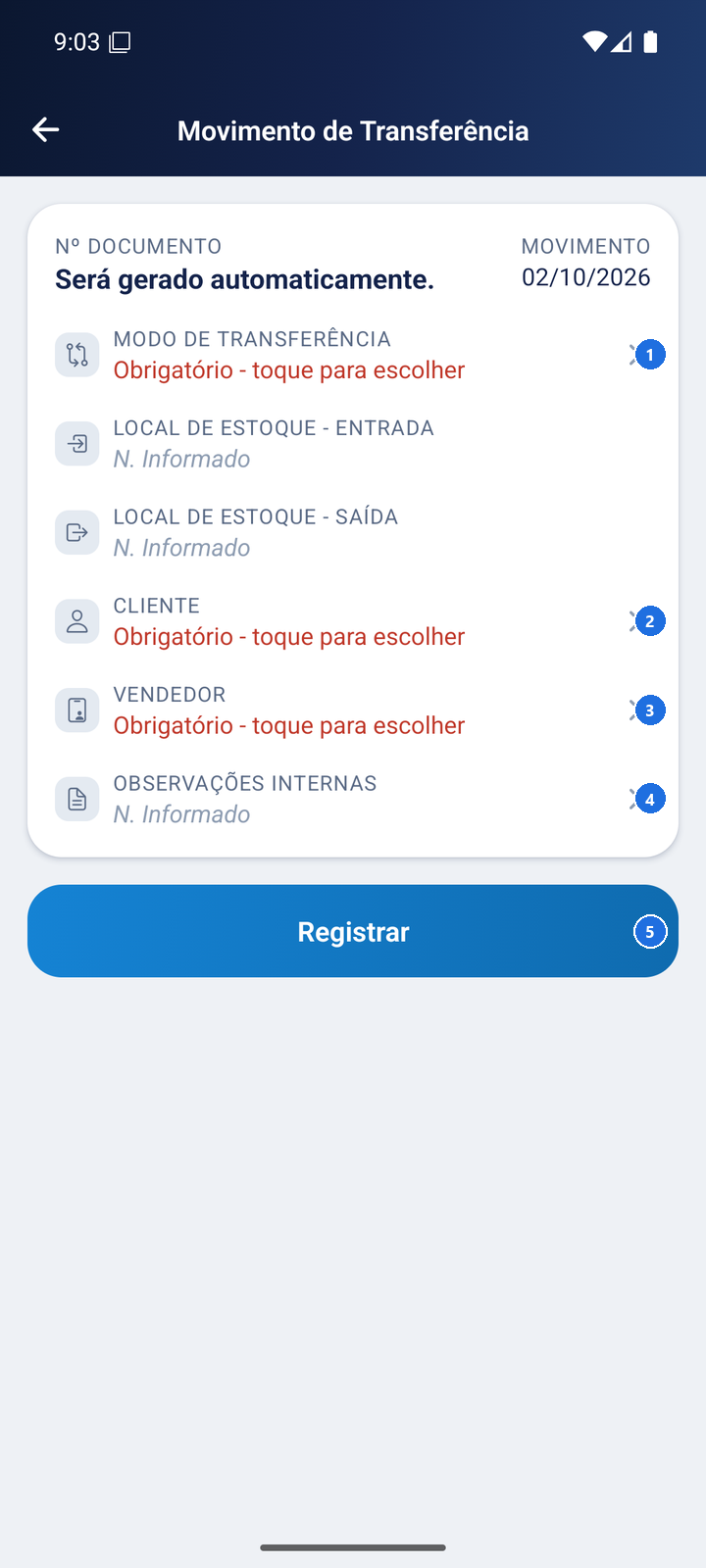 Formulário de nova transferência com campos Modo, Cliente, Vendedor e Observações