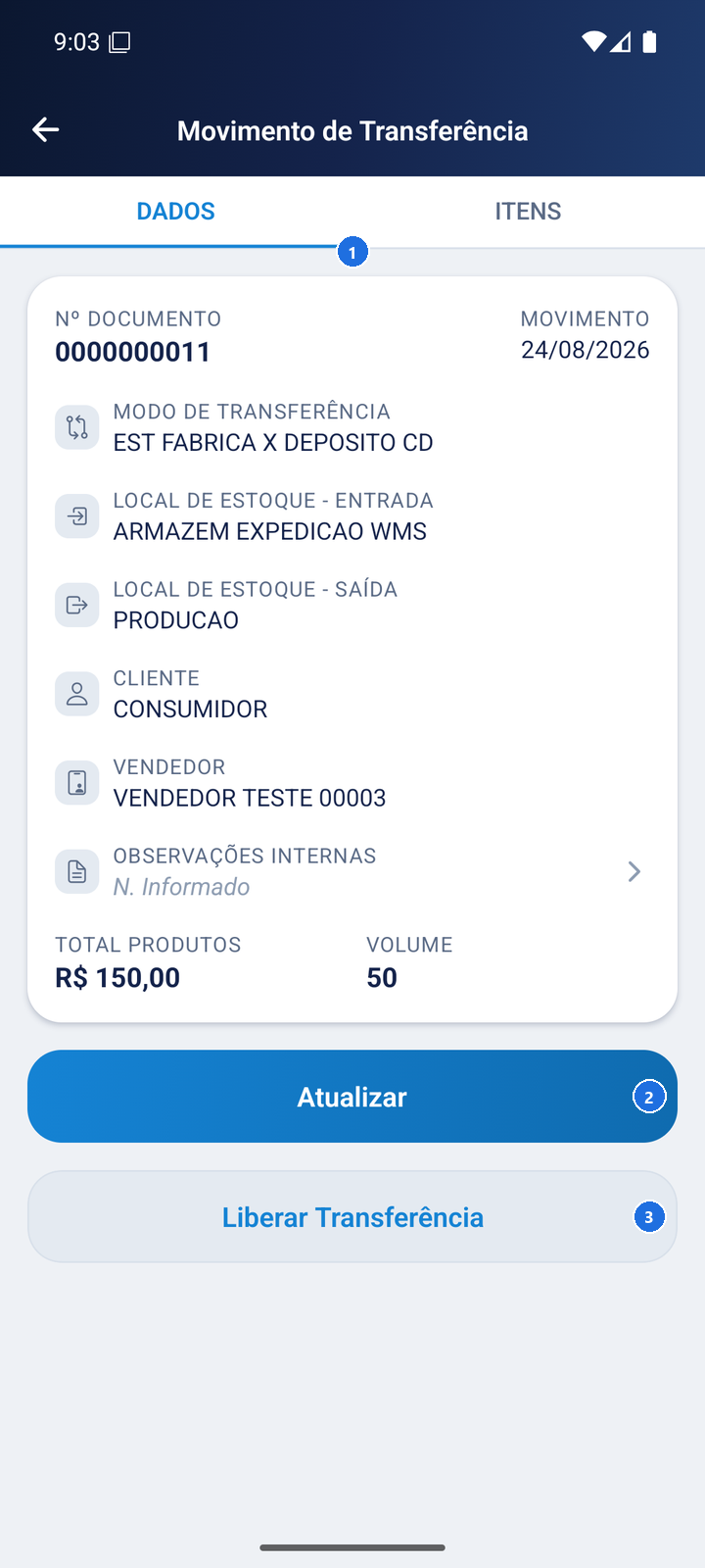 Tela aberta de transferência com aba Dados e opções Atualizar e Liberar Transferência