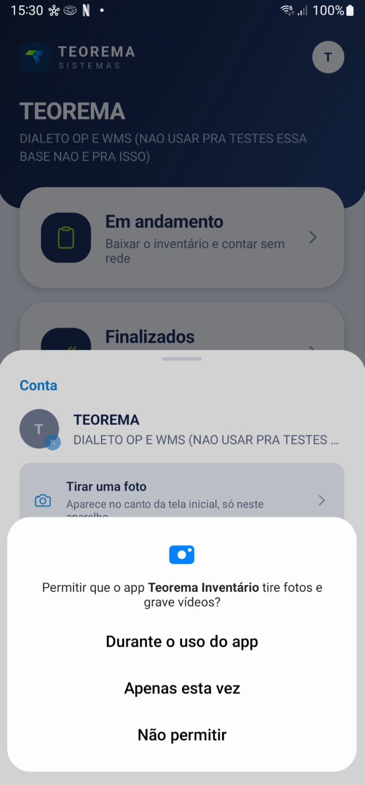 Tela com permissão de acesso à câmera