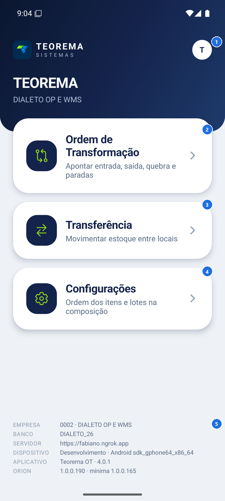 Tela inicial com menu de opções (Ordem de Transformação, Transferência, Configurações)