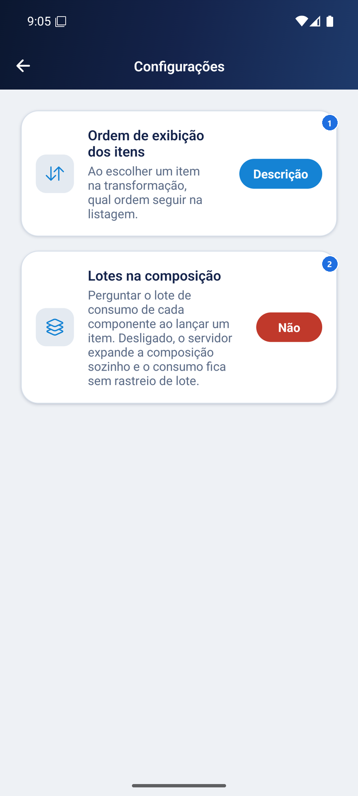 Tela de configurações do aplicativo