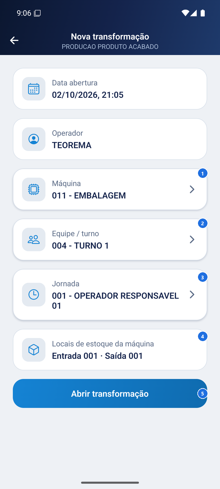 Tela de abertura de OT com campos de máquina, turno, equipe