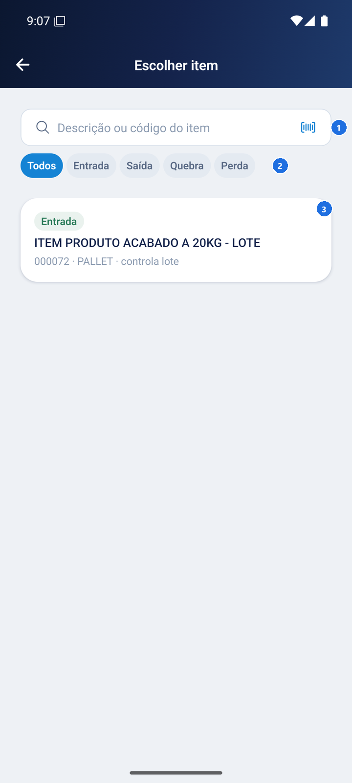 Tela de busca e filtro de itens
