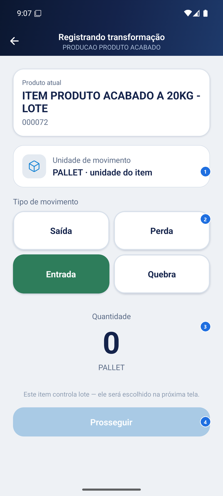 Tela com campos de unidade, tipo e quantidade