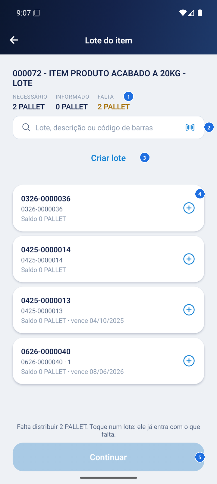 Tela de distribuição de quantidade por lote