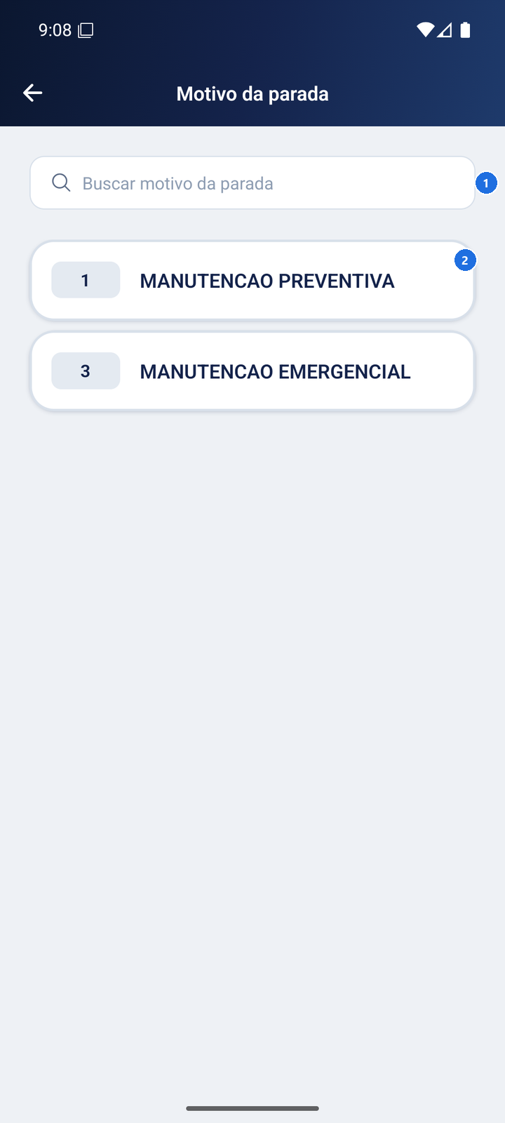 Tela com lista de motivos de parada