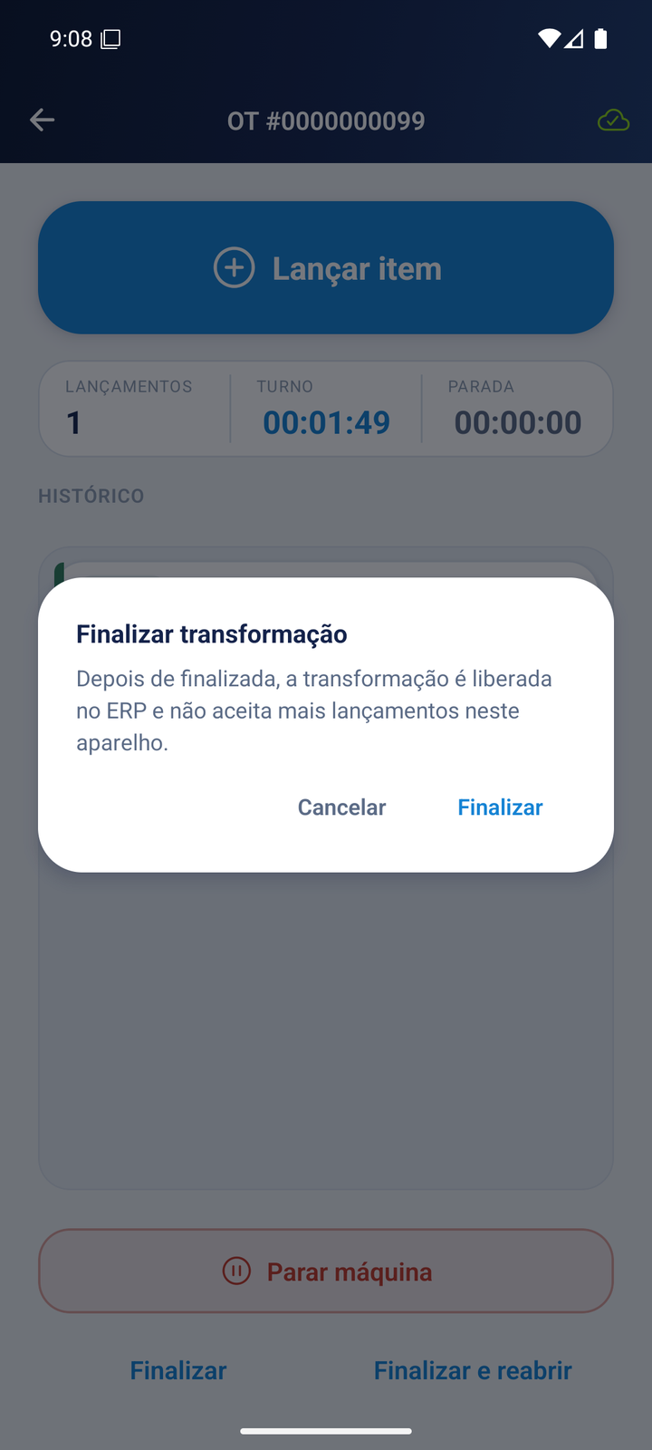 Tela de finalização de OT