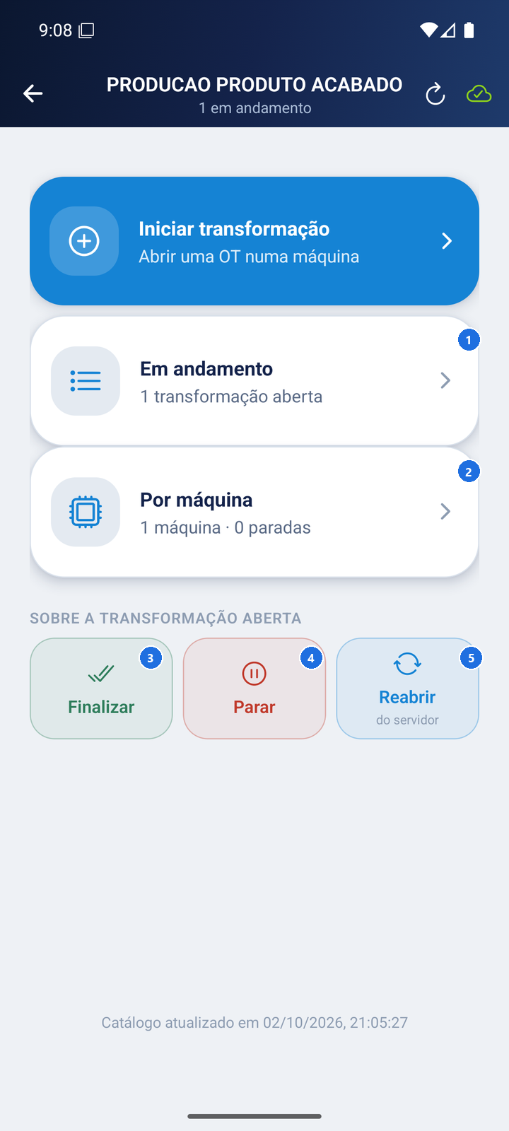 Tela com abas "Em andamento" e "Por máquina"