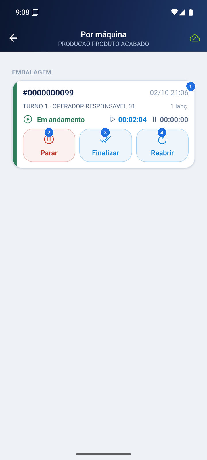 Tela com cards de máquinas, cada um mostrando OT, turno, jornada, lançamentos e tempos