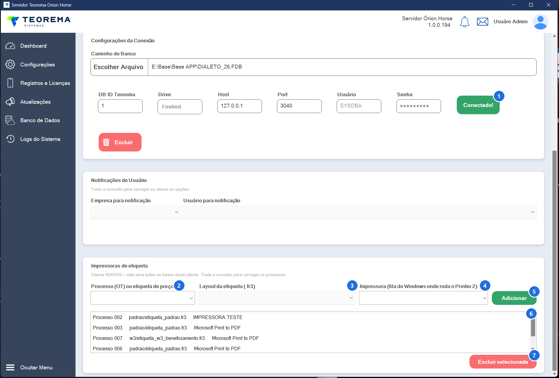 Tela com campos de configuração de processo, layout e impressora