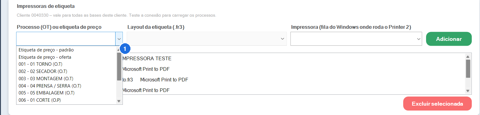 Tela com dropdown de seleção de processo