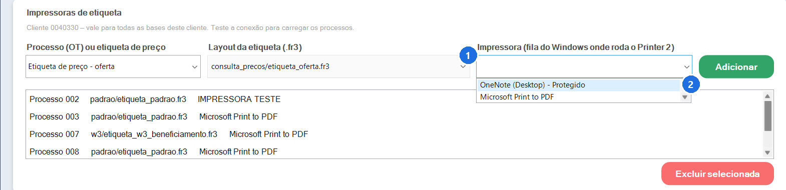 Tela com dropdown de layouts disponíveis e seleção de impressora