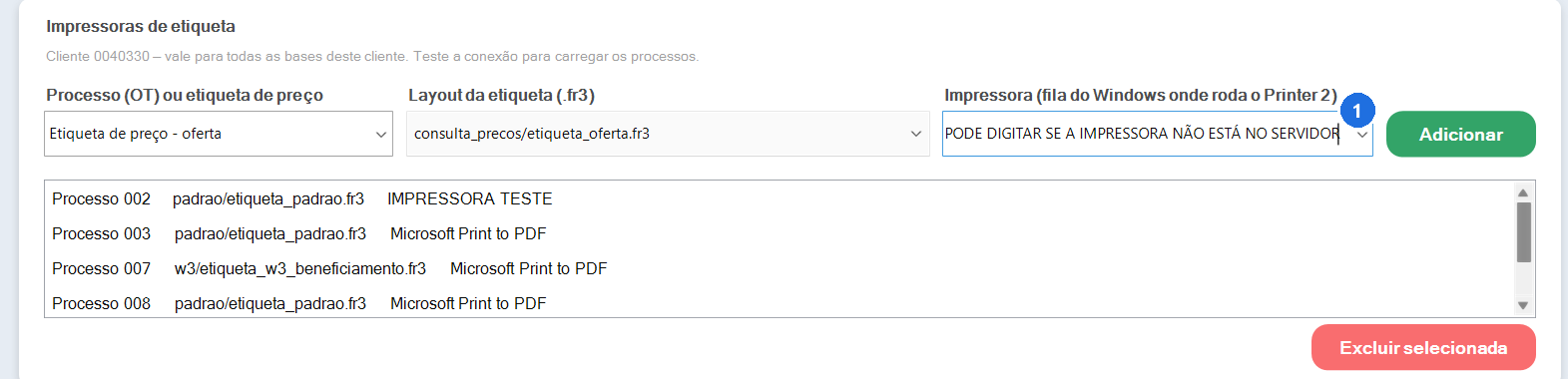 Tela com campo para entrada manual de nome de impressora