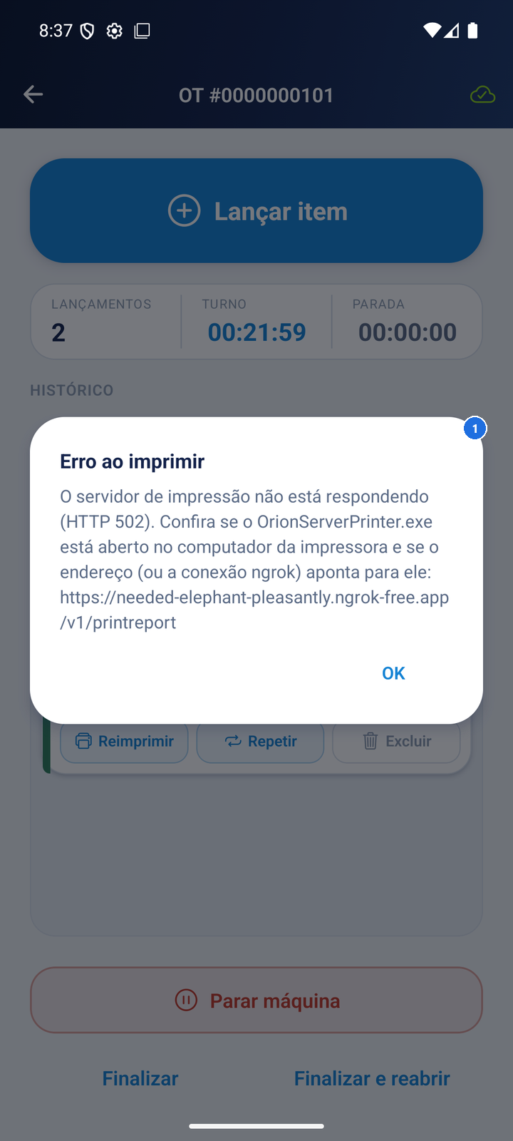 Tela com mensagem de erro: "Servidor de impressão desligado"