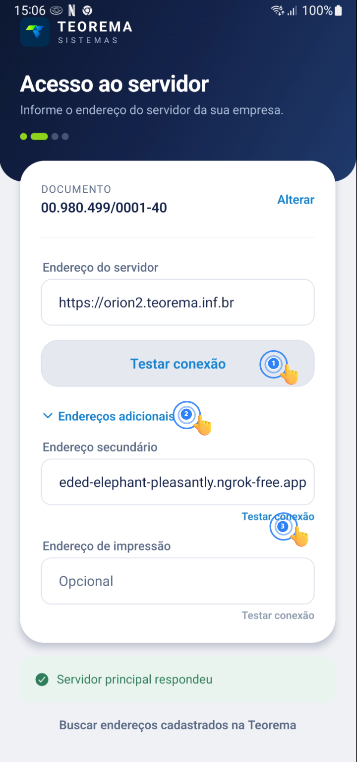 Tela de entrada de endereço do servidor principal