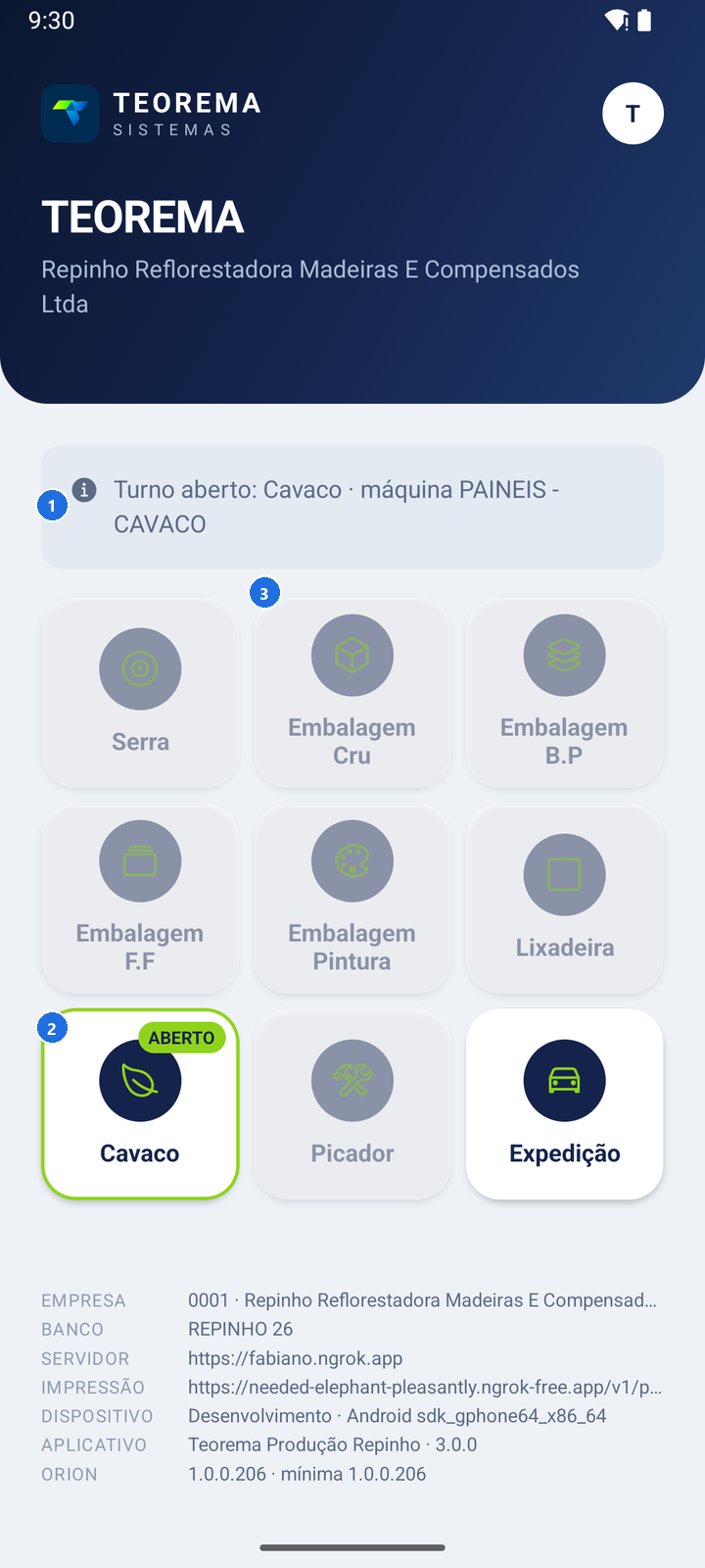 Tela inicial com o aviso Turno aberto, processo Cavaco e máquina PAINEIS - CAVACO, o cartão Cavaco com o selo ABERTO e os demais processos esmaecidos