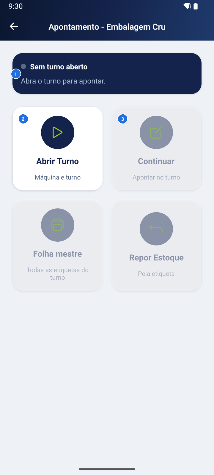 Tela Apontamento - Embalagem Cru sem turno aberto, com o aviso Sem turno aberto, o cartão Abrir Turno liberado e Continuar, Folha mestre e Repor Estoque esmaecidos