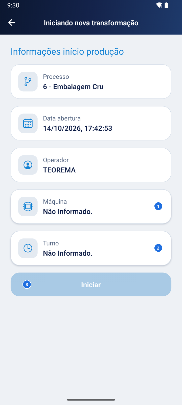 Tela Iniciando nova transformação com Processo 6 - Embalagem Cru, data de abertura, operador TEOREMA, Máquina e Turno não informados e o botão Iniciar desabilitado