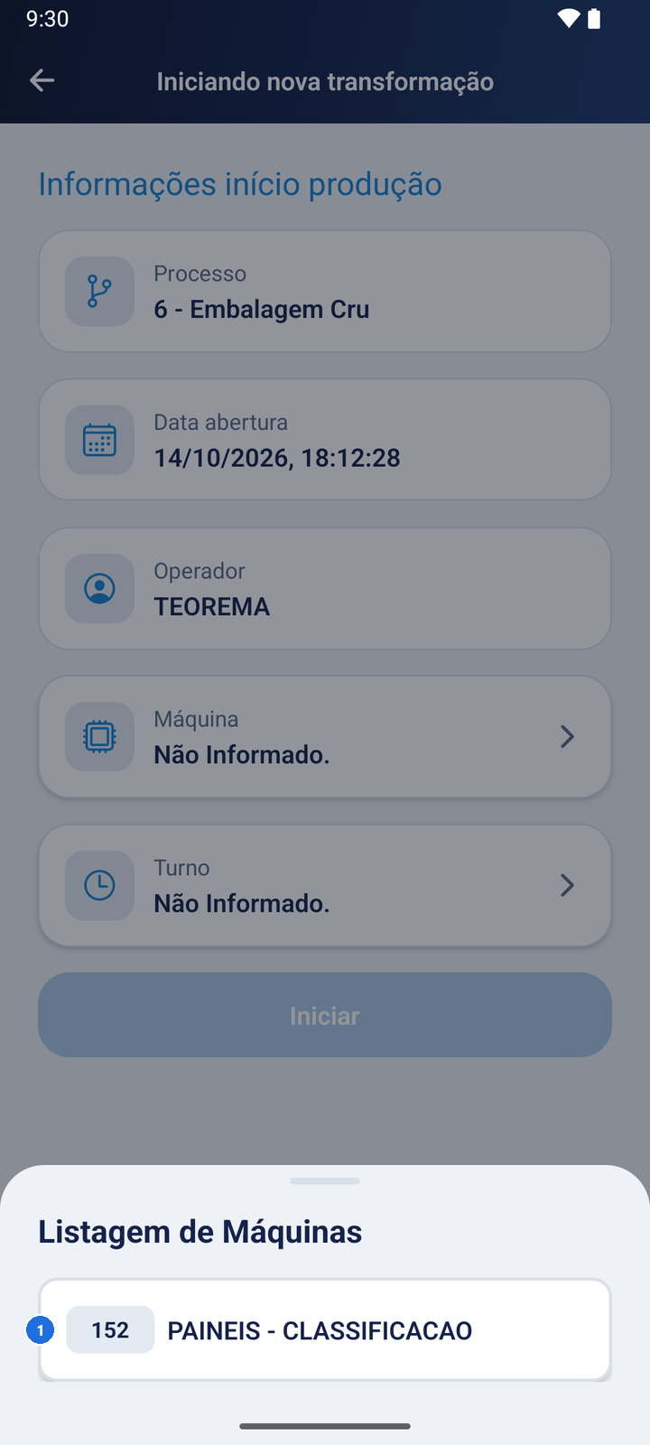Tela Listagem de Máquinas com a máquina 152 - PAINEIS - CLASSIFICACAO