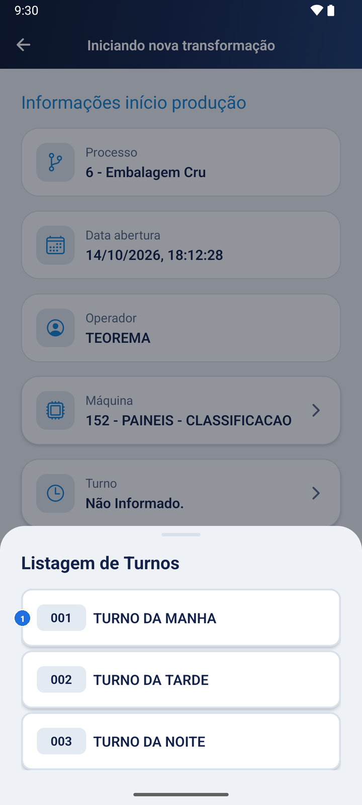 Tela Listagem de Turnos com 001 TURNO DA MANHA, 002 TURNO DA TARDE e 003 TURNO DA NOITE