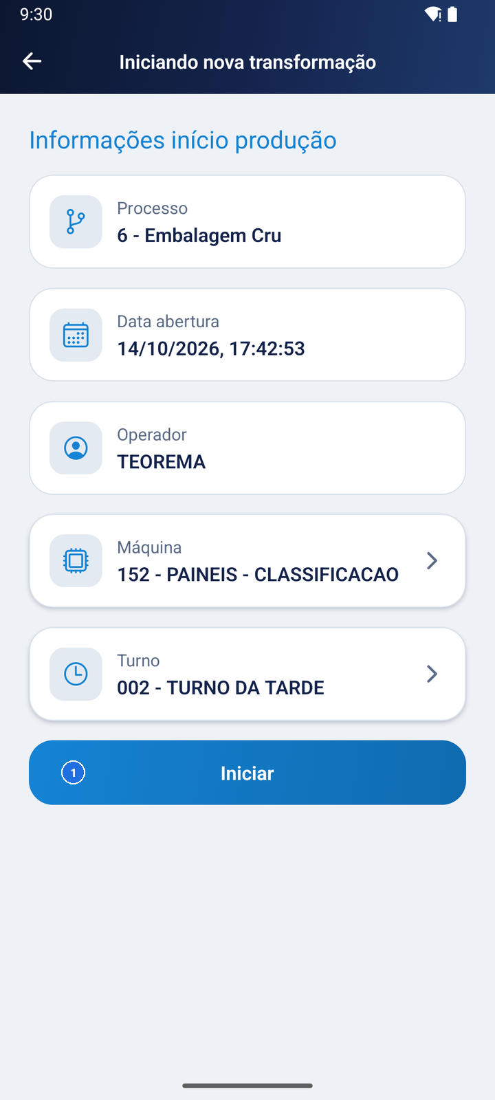 Tela Iniciando nova transformação com Máquina 152 - PAINEIS - CLASSIFICACAO, Turno 002 - TURNO DA TARDE e o botão Iniciar liberado
