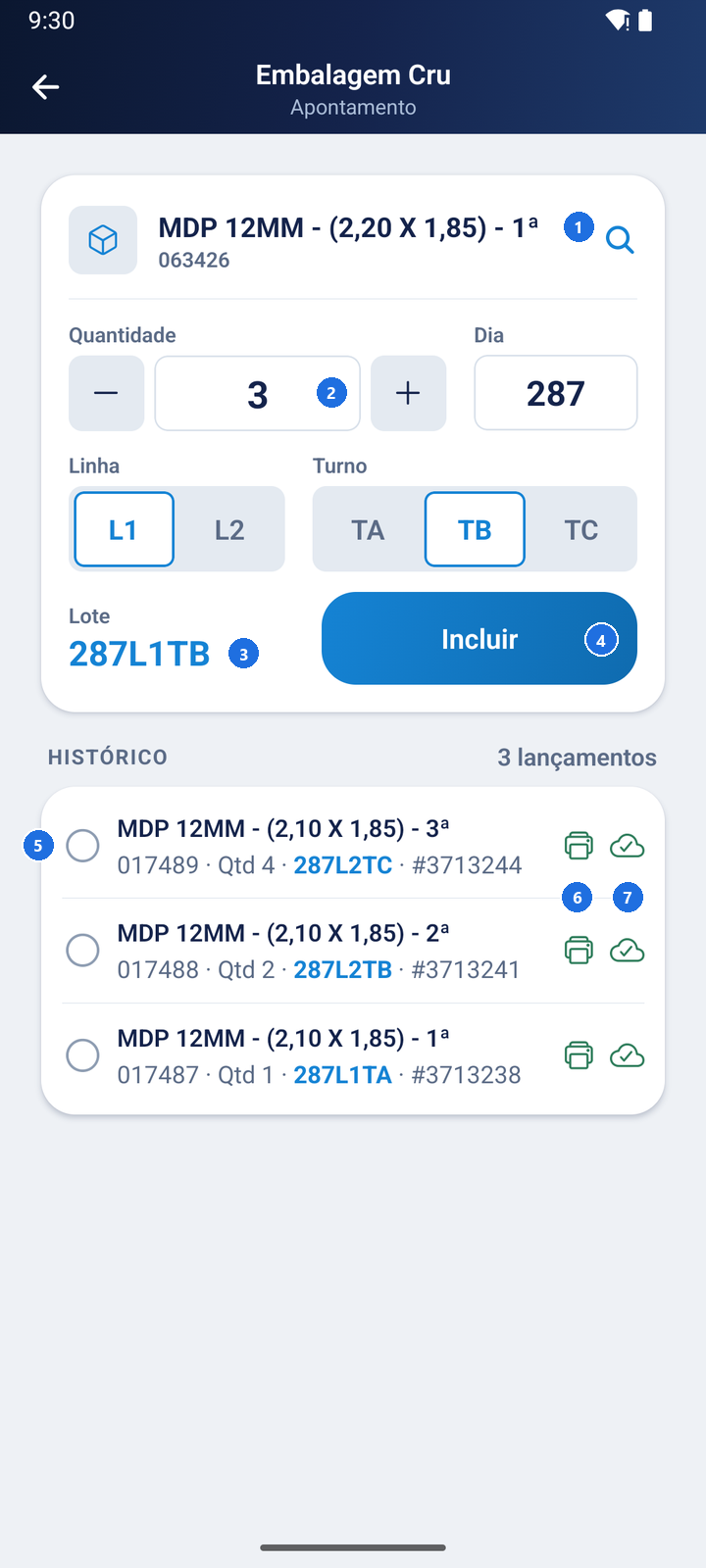 Tela Apontamento com o item MDP 12MM - (2,20 X 1,85) - 1ª selecionado, quantidade 3, dia 287, linha L1, turno TB, lote 287L1TB e o botão Incluir