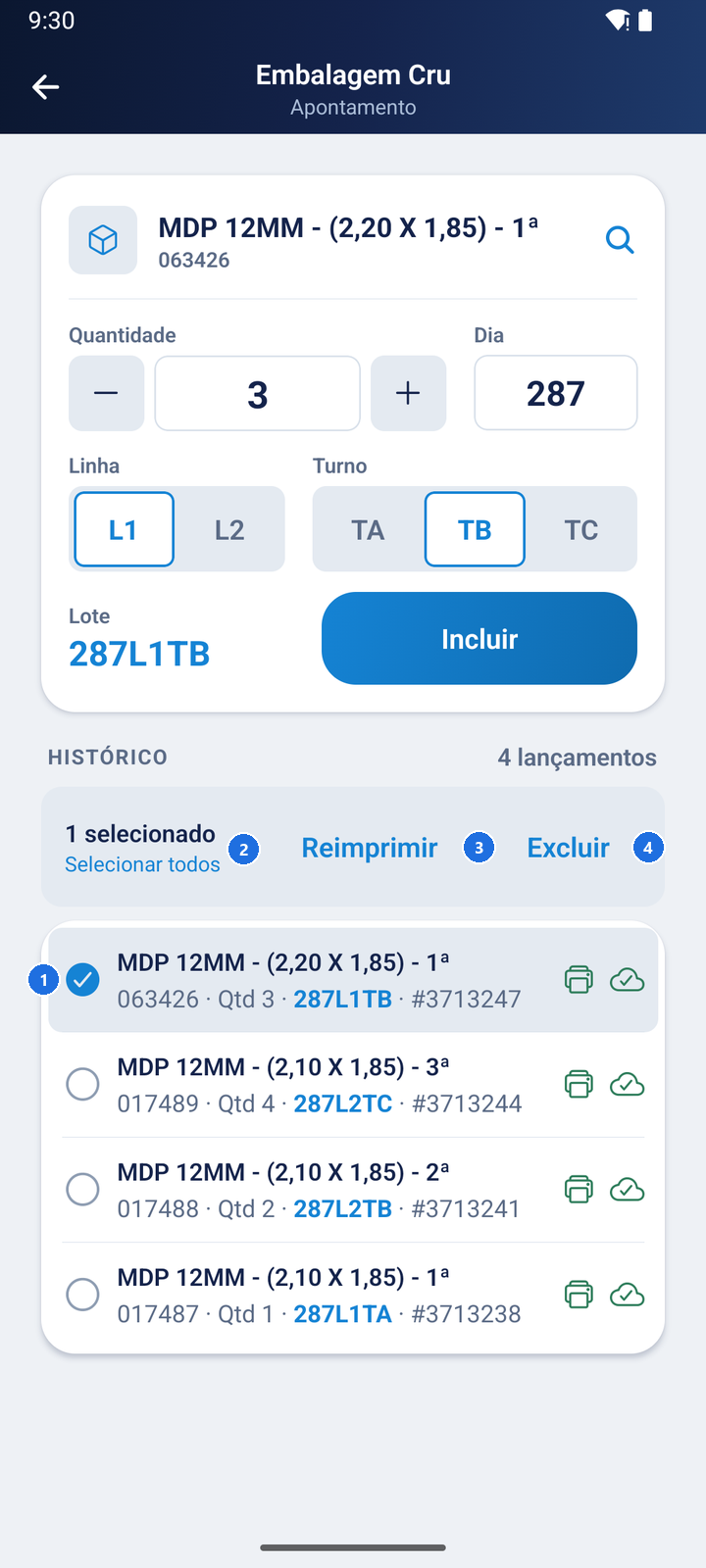 Histórico com o lançamento 063426 marcado, a indicação de 1 selecionado, o link Selecionar todos e as ações Reimprimir e Excluir