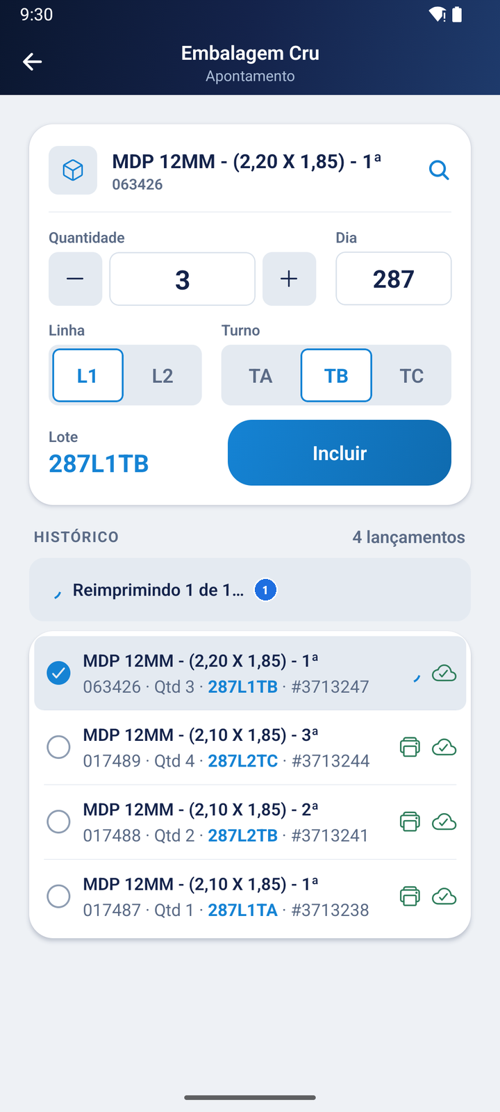 Histórico com o indicador Reimprimindo 1 de 1 no lançamento selecionado