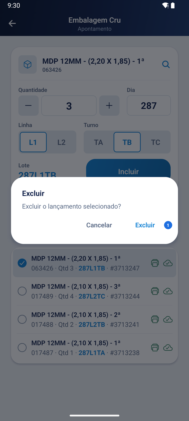 Caixa de diálogo Excluir perguntando Excluir o lançamento selecionado?, com os botões Cancelar e Excluir