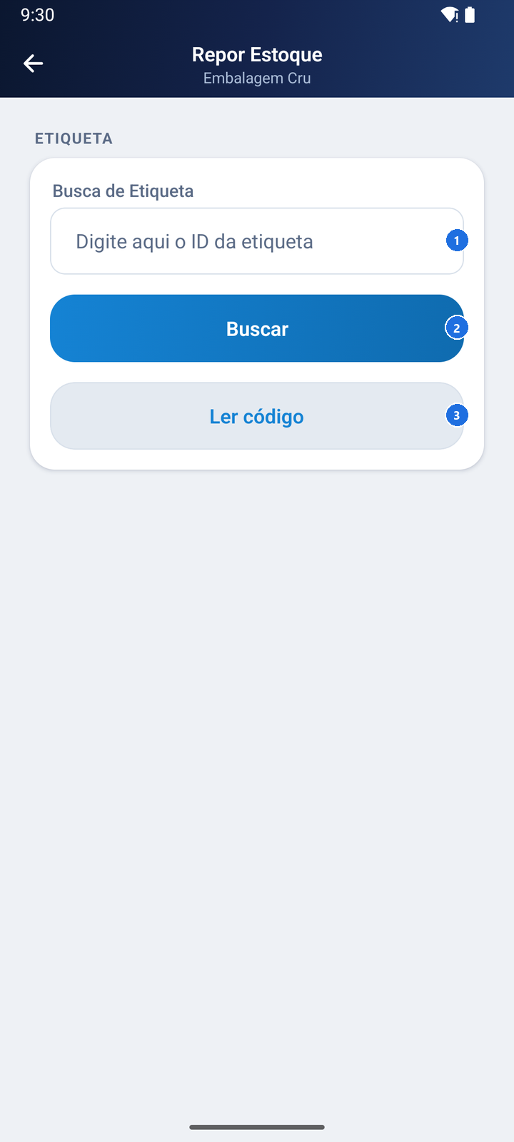 Tela Repor Estoque - Embalagem Cru com o campo Busca de Etiqueta vazio e os botões Buscar e Ler código