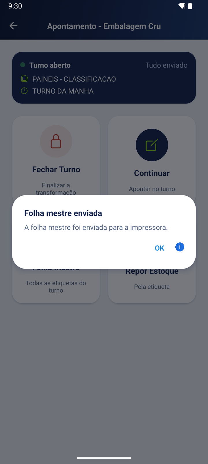 Tela do apontamento com o aviso Folha mestre enviada, informando que a folha foi enviada para a impressora, com o botão OK