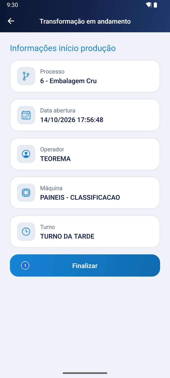 Tela Transformação em andamento com Processo 6 - Embalagem Cru, data de abertura, operador TEOREMA, máquina PAINEIS - CLASSIFICACAO, turno TURNO DA TARDE e o botão Finalizar