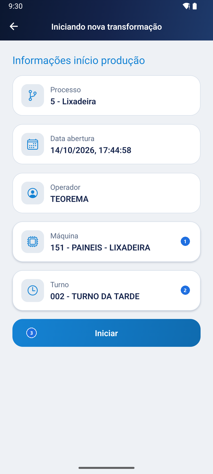 Tela Iniciando nova transformação com Processo 5 - Lixadeira, máquina 151 - PAINEIS - LIXADEIRA, turno 002 - TURNO DA TARDE e o botão Iniciar