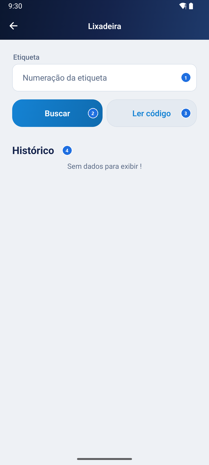 Tela Lixadeira com o campo Numeração da etiqueta, os botões Buscar e Ler código e o Histórico com a mensagem Sem dados para exibir