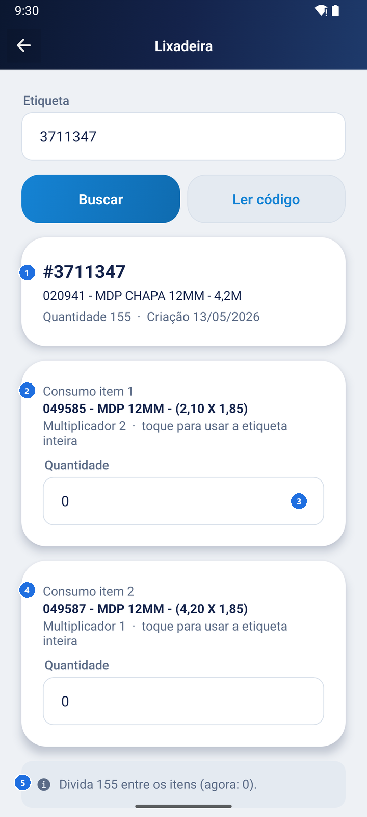Tela Lixadeira com a etiqueta 3711347 da peça MDP CHAPA 12MM - 4,2M, quantidade 155, data de criação, os dois itens de consumo com quantidade 0 e o aviso Divida 155 entre os itens