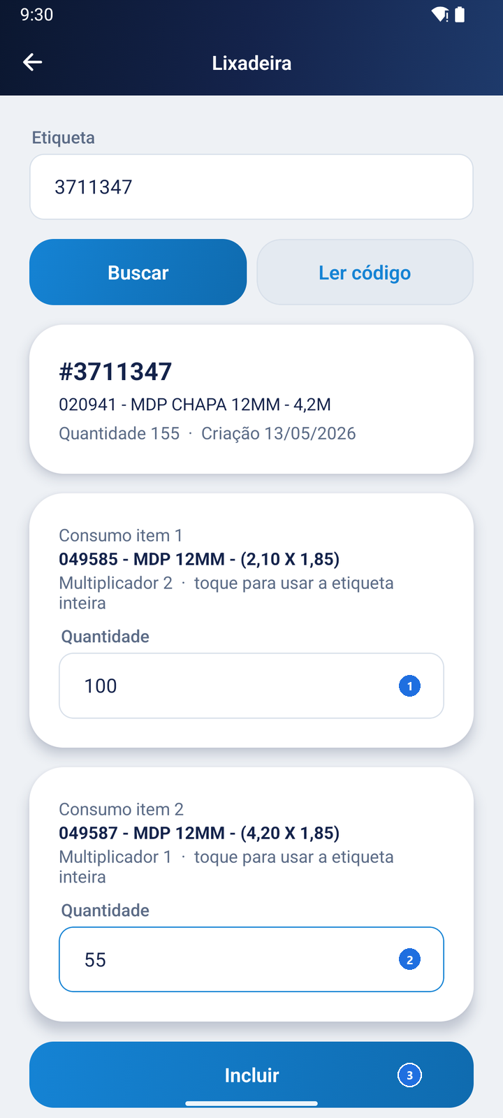 Tela Lixadeira com a etiqueta 3711347, quantidade 100 no primeiro item de consumo, 55 no segundo item e o botão Incluir