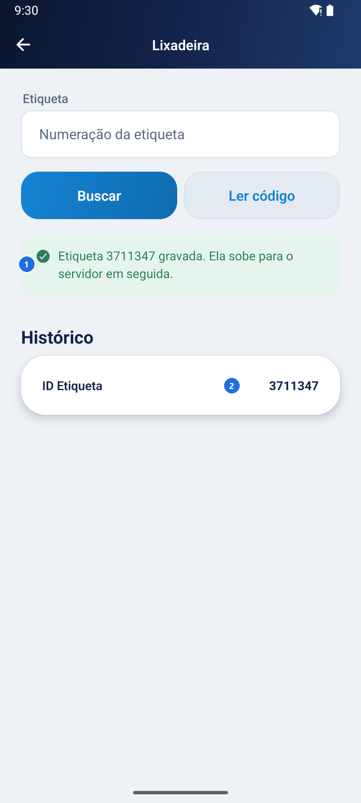 Tela Lixadeira com a mensagem Etiqueta 3711347 gravada, informando que ela sobe para o servidor em seguida, e o Histórico com a etiqueta