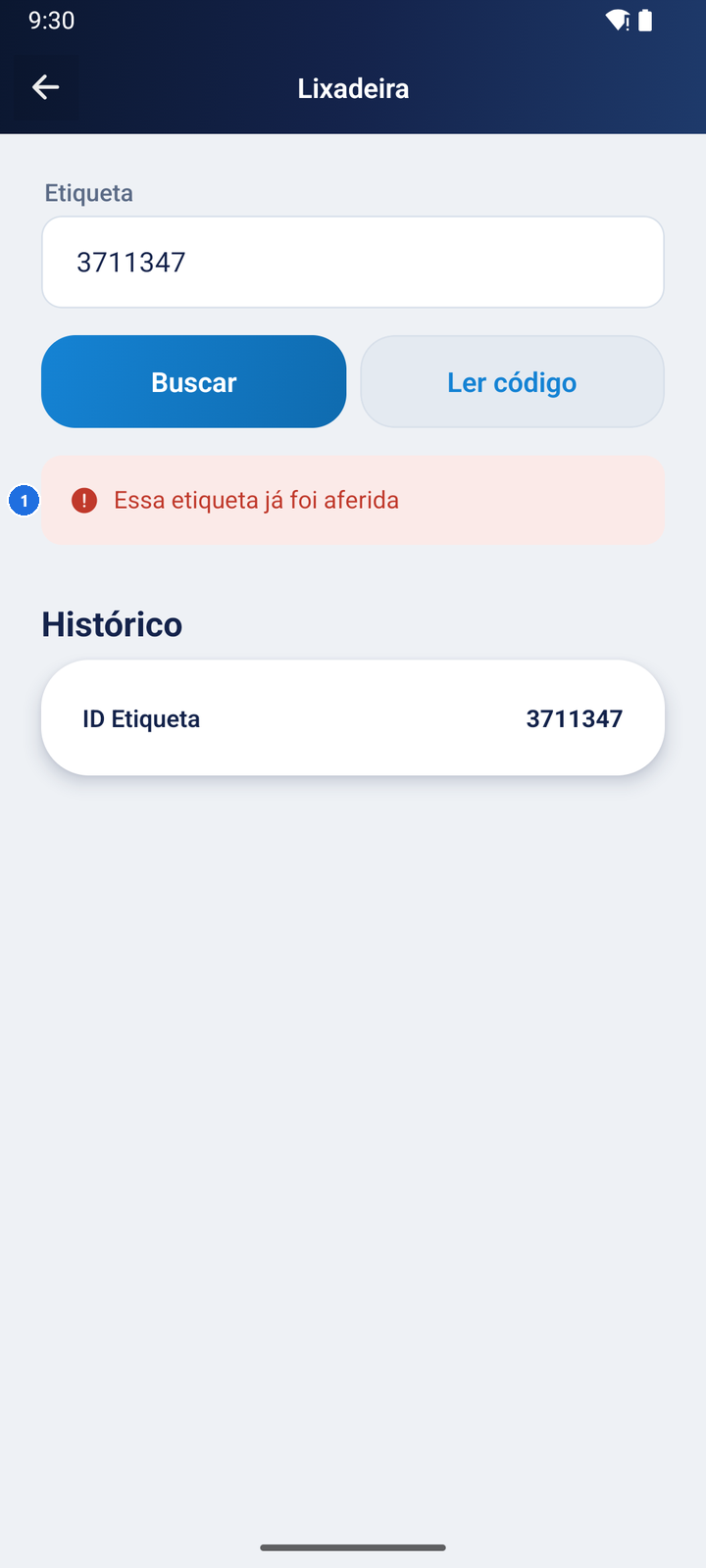 Tela Lixadeira com a mensagem de erro Essa etiqueta já foi aferida para a etiqueta 3711347
