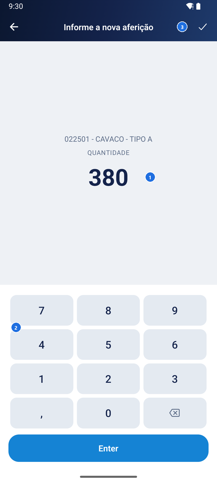 Teclado numérico na tela Informe a nova aferição do item 022501 - CAVACO - TIPO A, com a quantidade 380 e o botão Enter