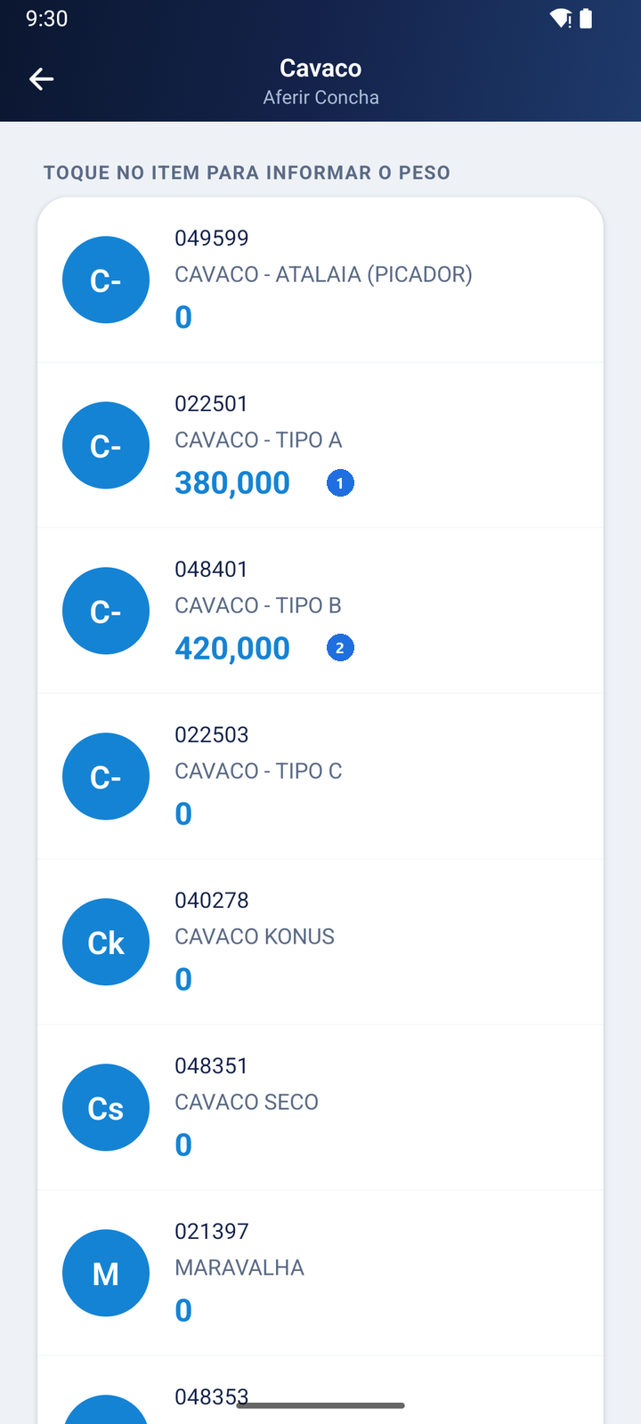 Lista Cavaco - Aferir Concha com os itens CAVACO - TIPO A em 380,000 e CAVACO - TIPO B em 420,000 aferidos